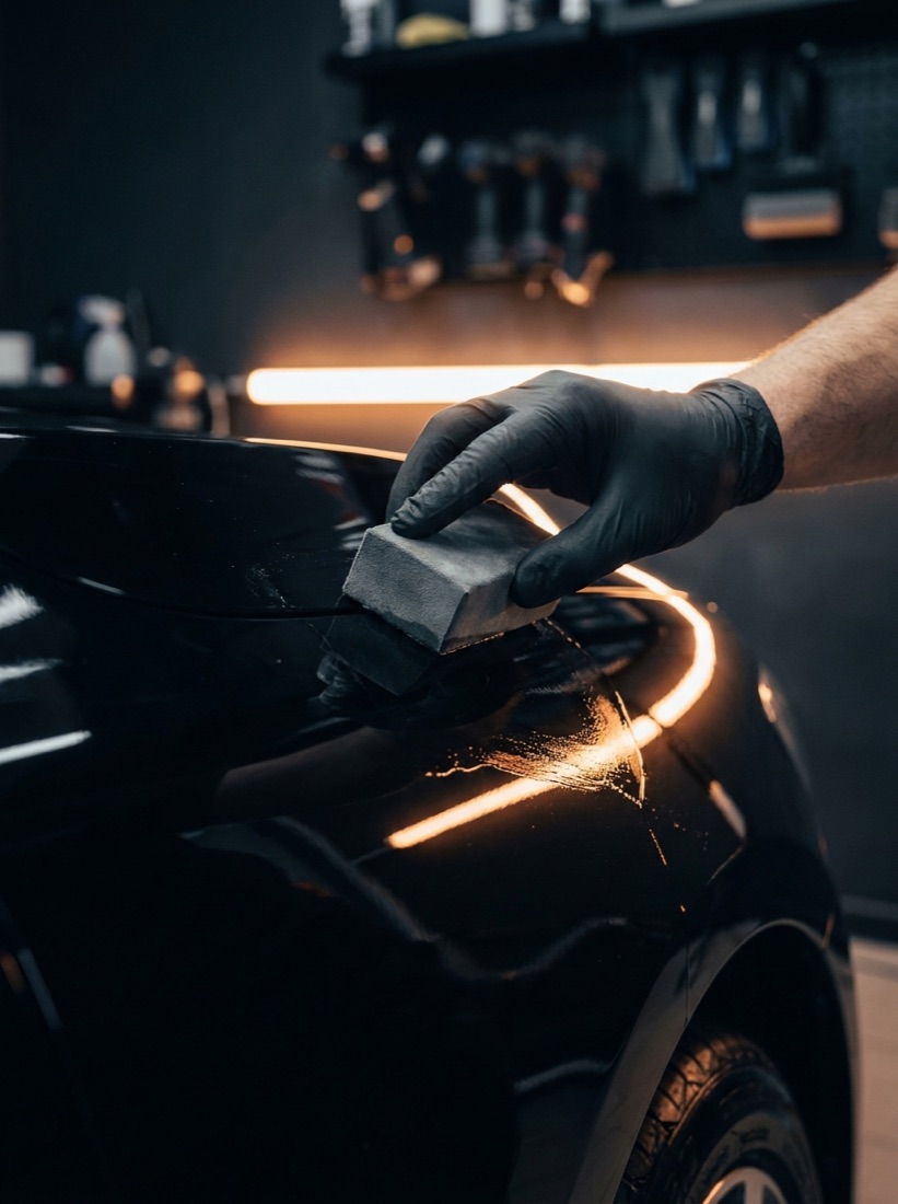 Ceramic coating gloss finish on dark vehicle paintwork